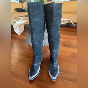 Free People Black Suede Knee-High Western Pointed Boots